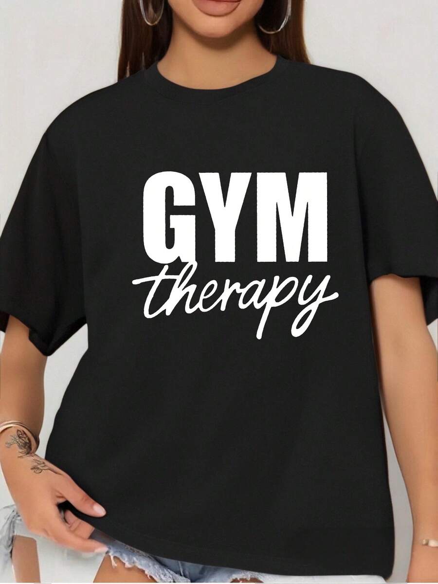 Women'S 100% 200g Printed T-Shirt  Round Neck Comfortable And Breathable  Available In Black, White, And Royal Blue  GYM Therapy Print  Ideal For Gym And Casual Wear - 黑色 - 查看 1