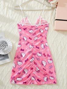 Sanrio 1 件女式 V 领 Hello Kitty 数码印花紧身吊带裙、细肩带、透视露背、女士太阳裙、夏季睡袍、娃娃装、性感内衣、性感内衣裙 - 粉色 - 查看 7