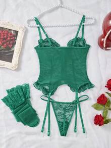 weiweihu 4-Piece Underwear Set  Halloween  Plain  Y2K  Romantic-French  Romantic-Floral  Sexy Cos  Classic Sexy  Ultra Sexy  Wild  Romantic-Babydoll  Polyester Embroidery  Cut Out  Bow  Lace Up  Sheer Purple Corset/White Corset/Red Corset/Corset De Mujer    4-Piece Set Of Mesh See-Through Underwear With Stockings  Available In All Seasons  Ribbon Straps Thin Belt Style Bow Tie  Special Moments, Intimate Moments A Gift For A Woman, An Intimate Gift Passion In Bed  Shapewear  Lingerie Dress Pajama Sets For Women Lencería Sexy Para Mujeres - Màu xanh lá cây đậm - Xem 6