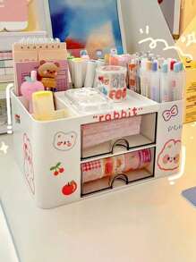 1 pieza Caja de almacenamiento de maquillaje, organizador de escritorio con cajón, estuche de exhibición de cosméticos de gran capacidad con múltiples rejillas, soporte para brochas de maquillaje, apto para guardar lápiz labial, joyería, manicura, productos para el cuidado de la piel, organizador de tocador de baño, decoración de tocador, contenedor de artículos de oficina, suministros de vuelta al colegio, regalo navideño, regalo de Navidad