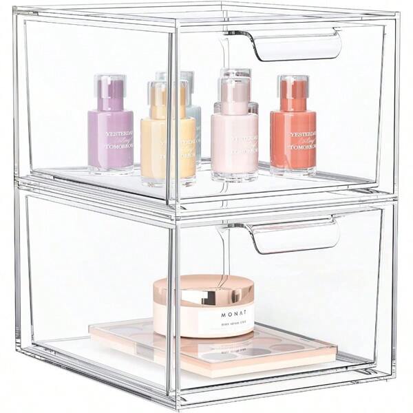 2 Pack Stackable Makeup Organizer And Storage Acrylic OrganizersClear Plastic Storage Drawer With Handles For Vanity Undersink Kitchen Cabinets Pantry