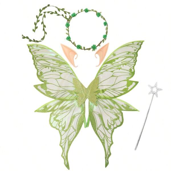 4pcs/Set Glitter Butterfly Fairy Wing Kit - Includes Headband, Wand, Glittery Butterfly Wings, Fairy Ears - Suitable For Women Halloween, Cosplay, Fairy-Themed Party, Gathering, Performance, Photography Props