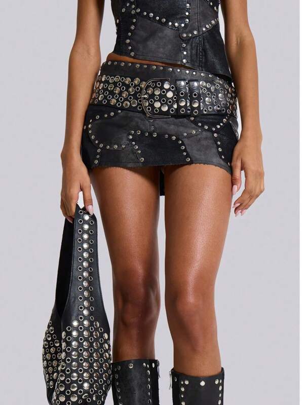 1pc Wide Punk Rivet Eyes Waist Belt, Asymmetrical Y2K Baddie Aesthetics Lightweight Versatile Leather Belt