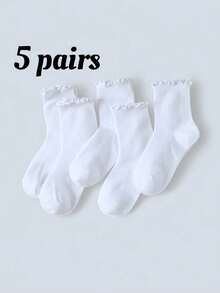 5 Pairs Mid-Calf Socks, Pure White With Striped Ruffle Design, Suitable For Home, Travel, Vacation And All Seasons - White - View 1