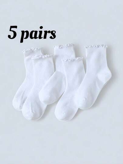 5 Pairs Mid-Calf Socks, Pure White With Striped Ruffle Design, Suitable For Home, Travel, Vacation And All Seasons