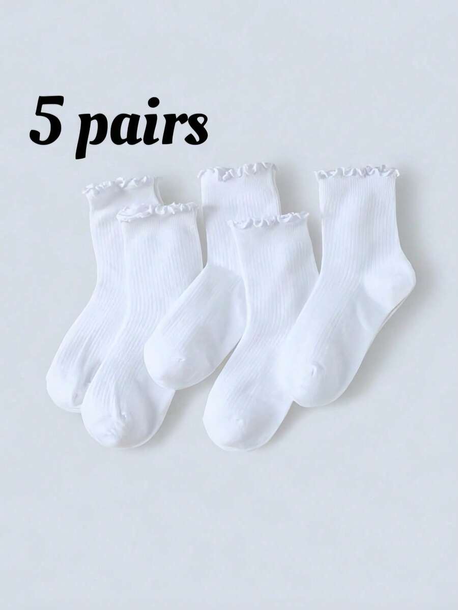 5 Pairs Mid-Calf Socks, Pure White With Striped Ruffle Design, Suitable For Home, Travel, Vacation And All Seasons - White - View 1