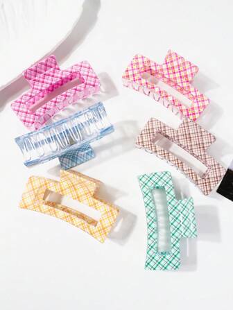 2pcs Rectangle Striped Plaid Hair Clips For Women, Sweet Pink/Blue/Coffee Color Hair Claws, 3.5 Inch Non-Slip For Thin/Thick Hair, Square Clamp Hair Clips With Strong Styling Effect, Summer Fashion Hair Accessories Beauty Claw Clips