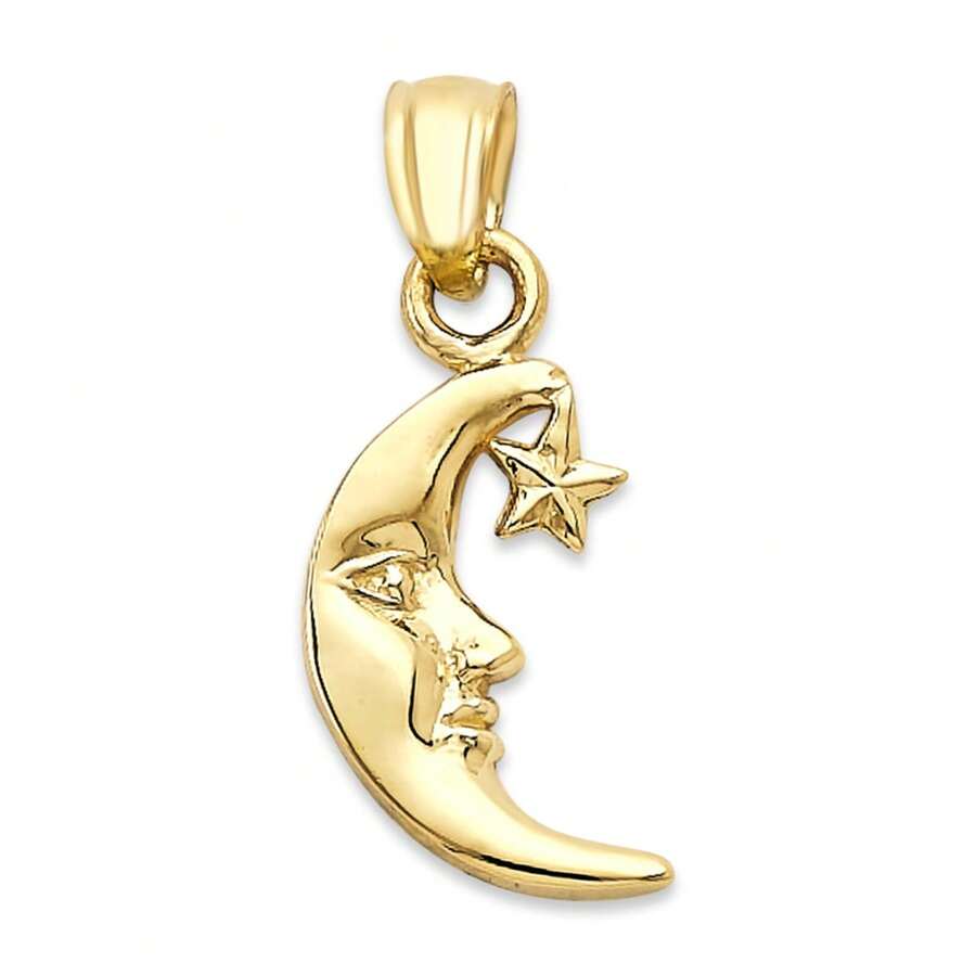 Solid Gold Dainty Moon With Star Pendant Pendent Polish Finished In 10k Or 14k - 14K - View 1