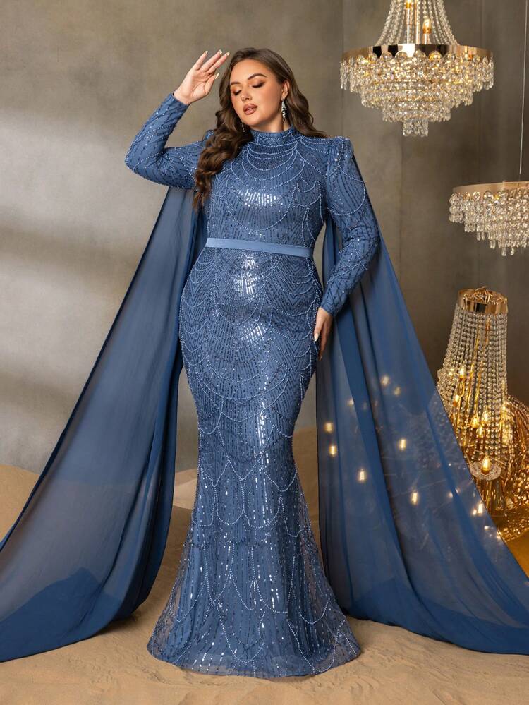 Plus Elegant Long Sleeve Mandarin Collar Evening Gown With Flowing Cape & Mermaid Hem - Formal Dresses For Galas, Red Carpet, Weddings, Evening Soirees Party - Dusty Blue - View 9