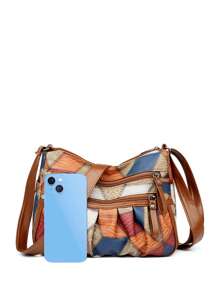 Bolso de hombro de mujer de PU con bloques de color y parches, de gran capacidad con múltiples bolsillos, bolso cruzado para compras, casual, para vacaciones y viajes, bolso de mensajero versátil con monedero y bolsa cuadrada plisada para ir al trabajo diario