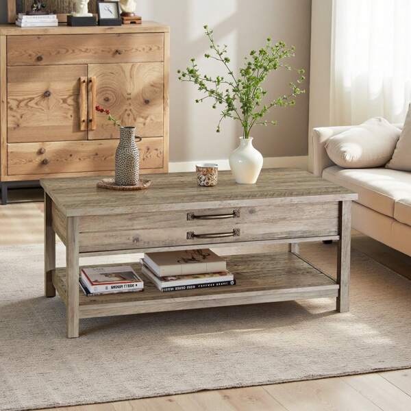 Modern Farmhouse Lift-Top Coffee Table With Hidden Storage & Open Shelving,Rustic Gray