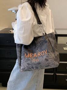 女士时尚字母刺绣大容量托特包，适合日常通勤 - 黑色 - 查看 4