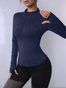 加大码拉链长袖运动夹克，女士紧身拇指孔袖口健身瑜伽跑步运动服外套春季款 - 寶藍色 - 查看 2