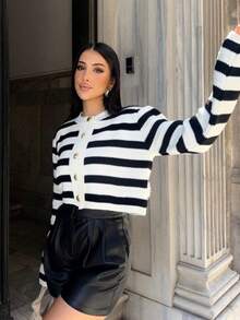 Áo len cardigan cài nút sọc màu tương phản thường ngày - trắng - Xem 4