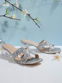 Teenage Girls' Low-Heel Sandals, Silver Glitter Material Suitable For Beach, Vacation, Ball, Party, Summer Fashion Slippers