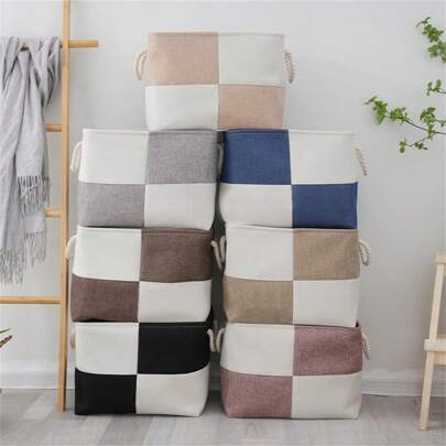 Thick Waterproof Dustproof Linen-Look Storage Basket, Foldable Dirty Clothes Hamper, Bedroom Tabletop Storage Bucket