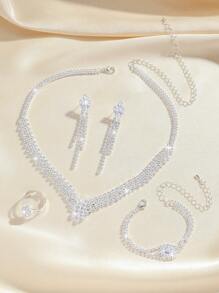 Juego de joyas nupciales clásico de 5 piezas que incluye collar, aretes, anillo, pulsera, accesorios de boda de alta gama con rhinestones y collar y aretes minimalistas de pendiente para mujeres