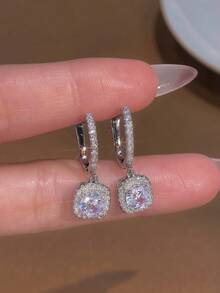 1 Đôi bông tai khoen hình học lấp lánh đính đá Zirconia, trang sức nữ, bông tai tinh tế bằng bạc sterling 925, trang sức cao cấp, quà tặng trang trí tiệc. - Bạc - Xem 4