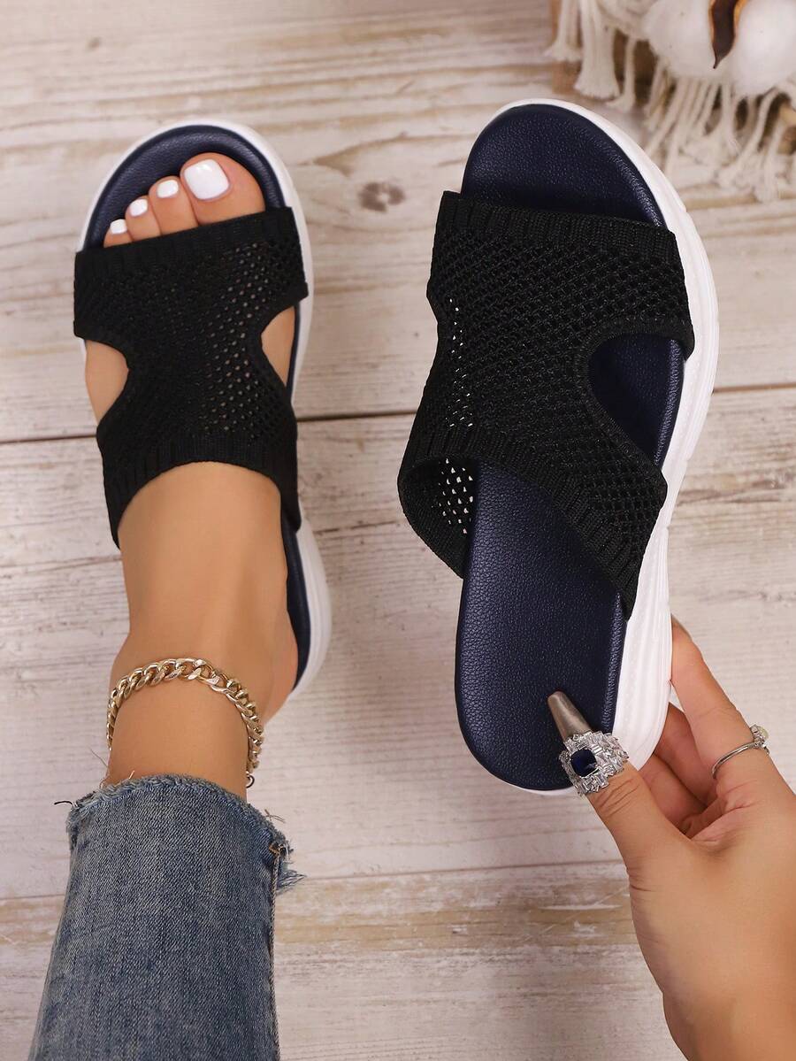 1 paire de sandales plates de plage/sport en tissu ajouré de style preppy, nouvelles chaussures décontractées à la mode pour la plage, les vacances, les mariages, l'école, les fêtes, l'été - Noir - Voir 1