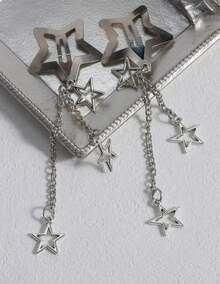 Pair Of Star Chain Hair Clip Silver Star Clip Punk Grunge Style Star Pendant - Silver - View 4