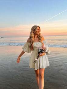 Vestido corto con hombros descubiertos, estilo vacaciones en la playa - Albaricoque - Ver 2
