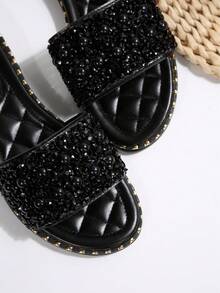 Mules mode femme, style français chic coréen décontracté polyvalent 2025 nouveau style UE/US, décoration de perles et strass plate, sandales de plage de vacances, tenues printemps été - Noir - Voir 9