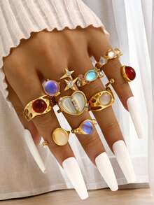 9-5 件复古时尚优雅复古硬币金属多元素彩色宝石、猫眼、水晶镶嵌亚克力可调节戒指套装，厚实锤纹不对称几何戒指，波西米亚风格多层堆叠戒指，适合女士、男士、情侣、夏季、度假、派对、婚礼、日常搭配、节日礼物 - 彩色 - 查看 14