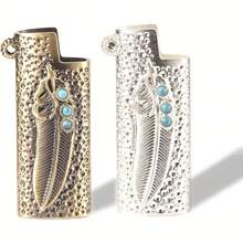 1pc Feather Design Mini BIC Lighter Case - Portable Protective Cover For J5 Lighters, Decorative Metal Holder, Perfect Gift For Christmas & Halloween - Multicolor - View 3
