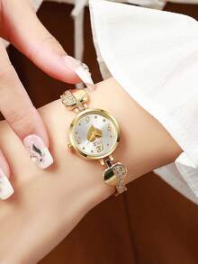 Women's Fashion Minimalist Round Heart Pattern Mixed Scale Diamond-Set Heart Quartz Watch 1pc/Set - Rose Gold - View 2