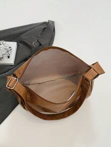 Retro Large Capacity Shoulder Bag For Women, Versatile Soft Plain Color Underarm Bag - Khaki - View 7