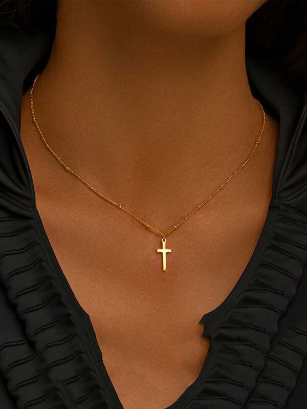 Stainless Steel Gold Single-Layer Simple Cross Pendant Necklace