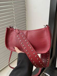 时尚复古长方形手提包，女士铆钉装饰腋下包，经典拉链单肩包，适合购物、钱包、购物、年轻女性、大学生、新人、白领。非常适合办公室、大学、工作、商务、通勤、户外活动、旅行和郊游