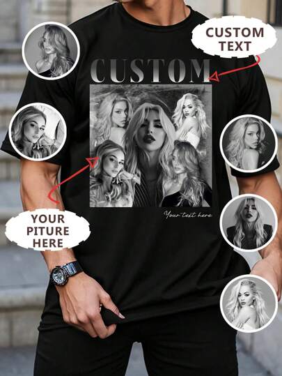 Customization Personalized Men's Comfortable Casual Loose Fit T-Shirt. Custom Girlfriend Face Photo Vintage Shirts, Custom Your Own Bootleg Rap Tee Graphic Wife Husband Tee Anniversary Gift,Valentine's Day Gift (Selfie/Family Photo/Friend Photo/Party/Team/ Boyfriend/Girlfriend/Couple Matching/ Workwear)