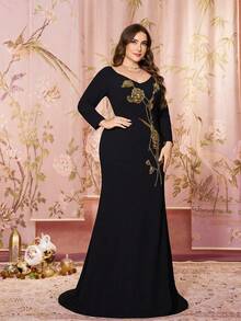 SUPGIR 大码女式V领长袖亮片刺绣修身美人鱼针织长款优雅晚礼服派对 - 黑色 - 查看 8