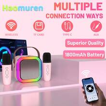 Haomuren A Set Of  Portable Karaoke Speaker With Distinctive RGB Lighting, One Rechargeable Karaoke Speakers And Two Wireless Microphones With Voice Change, Perfect For Gifts/Parties, Support TF Card/Headphone Jack/USB-C Charging, Two Colors- Pink & Purple, 1800mAh Battery