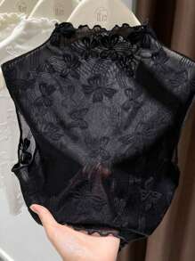 1pc Women's Slim Fit Sleeveless Knit Top With Double Ruffle Hem & Detachable Collar