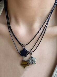 5 件天然石星形吊坠项链，酷炫甜美皮革绳颈链，独特高端时尚嘻哈项链，适合女士 - 彩色 - 查看 4