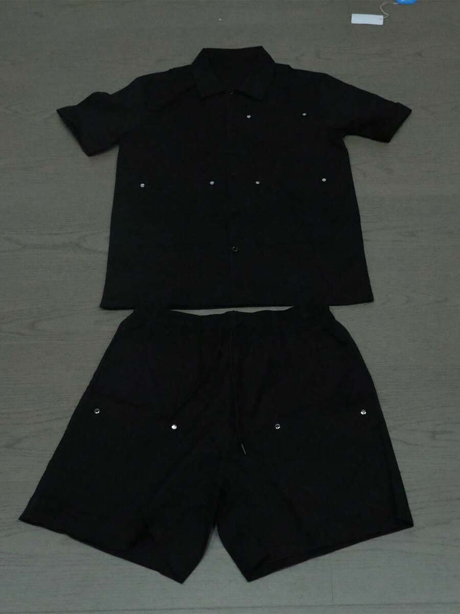 男士短袖口袋衬衫和短裤套装 - 黑色 - 查看 1