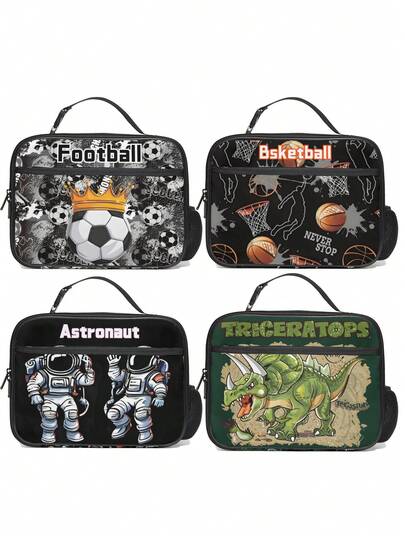 儿童时尚宇航员印花午餐袋，生动的图案设计适合儿童审美，隔热可重复使用，适合上学、野餐、短途旅行，是送给男孩的完美礼物