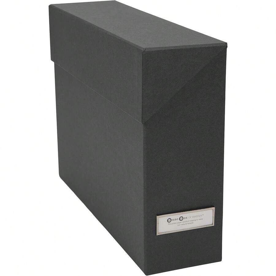 Lovisa Fiberboard Label Frame 12 File Storage Box | Document Organizer For Important Paperwork, Hanging File Box W/Flip Top Lid & Metal Label Window | 3.7"X13"X9.4" | Dark Grey - Dark Grey - View 1
