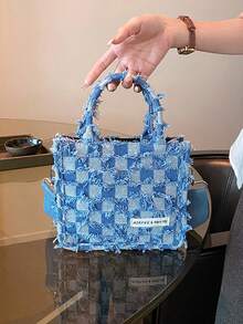 时尚撞色格子手提包，流苏设计休闲斜挎包，厚实零钱包，适合女性日常通勤，春夏季