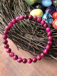 6毫米天然粉红虎眼石珠手工手链，招财进宝，时尚腕饰 | 朋友鼓励合成宝石配饰 - 玫紅色 - 查看 2