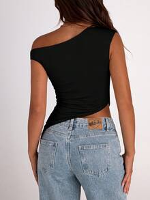 Women's Summer Off-The-Shoulder Sweet Cool Short Top Sleeveless Single Shoulder Pleated Asymmetrical Y2K Going Out Vest Tops For Women - 黑色 - 查看 2