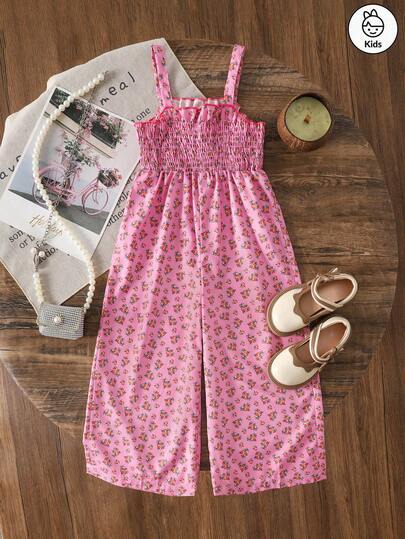 Girl's Vest Jumpsuit Summer Fashionable Loose And Wide Leg Vacation Casual Pants, With Pleated Floral Patterns, Suitable For Children's Daily Wear