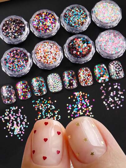 8Pcs Mini Heart Star Dot Cute Nail Art Sequins Macarons Color Mirror Effect Nail Glitter Nail Charm Y2K Summer Nails Chrome Nail Powder Nail Art Supplies Decoration Nail Charms Nail Gems