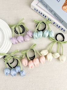 1条女士优雅郁金香花朵丝带发圈，高端花卉发绳，适合日常使用，可作马尾辫发圈、橡皮筋发带、发绳、弹性发圈 - 彩色 - 查看 4