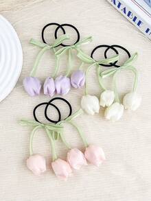 1条女士优雅郁金香花朵丝带发圈，高端花卉发绳，适合日常使用，可作马尾辫发圈、橡皮筋发带、发绳、弹性发圈 - 彩色 - 查看 2