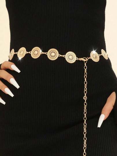 1pc Women Boho High-End Hollow Round Metal Waist Chain, Decoration For Dress, S, Shirt Fall, Autumn, Halloween