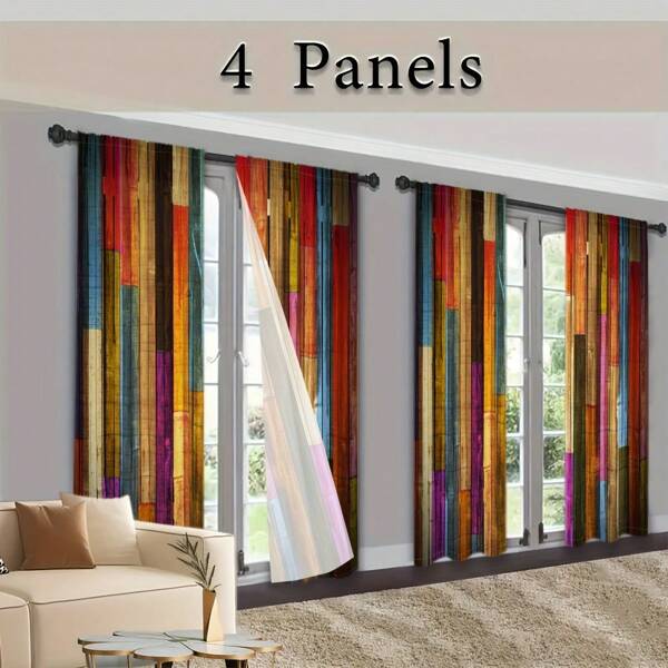 4 Pcs Modern Abstract Art Colorful Wood Grain Curtains, Red Brown Striped Curtains, Digital Print Blackout Curtains For Living Room, Balcony, Patio, Porch, Gazebo, Home Decor - Durable & All Season
