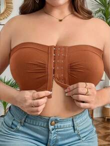 Plus Size Women's Strapless Bandeau Bra – Seamless Invisible Push-Up, Front-Closure Wireless Comfort, Back Mesh For Slimming & Support – 3-Row Hook, Ultra-Stretchy Off-Shoulder Solid Color Underwear - 棕色 - 查看 6